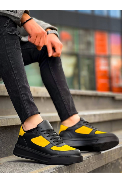KB-X8 Kuback Siyah Sarı Cilt Yüksek Taban Günlük Spor Ayakkabı