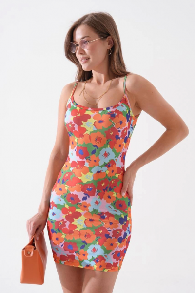 Kadın ince askılı desenli elbise s8105