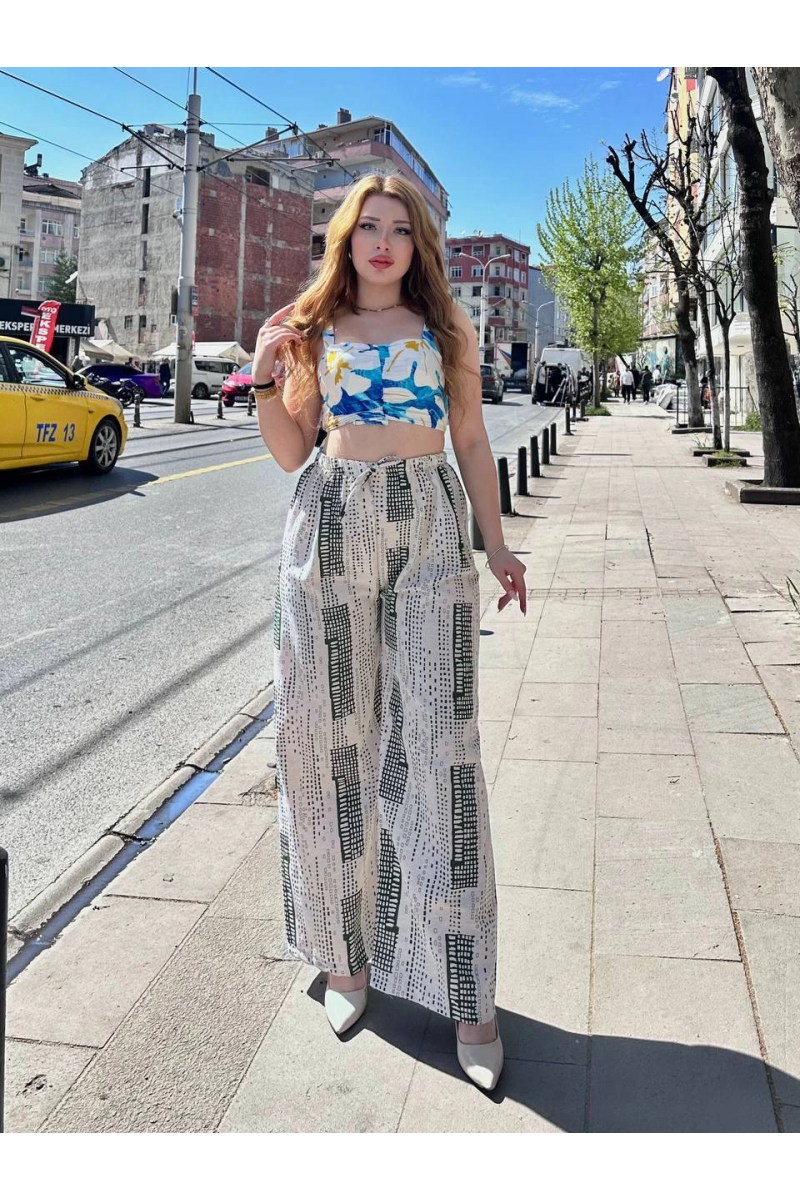 Baskılı Bağcıklı keten pantolon krem