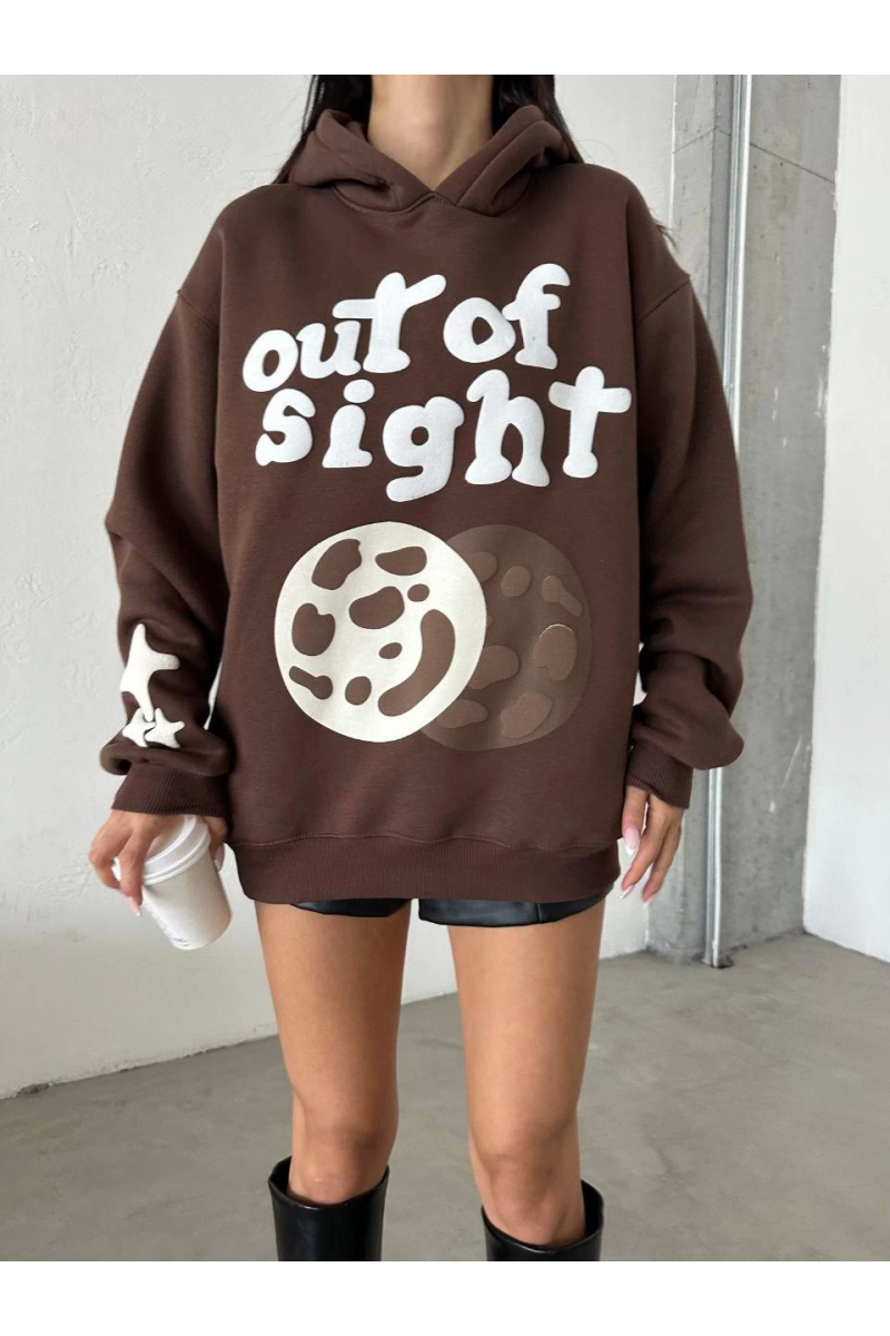 3 iplik şardonlu oversize out of baskılı sweat kahve