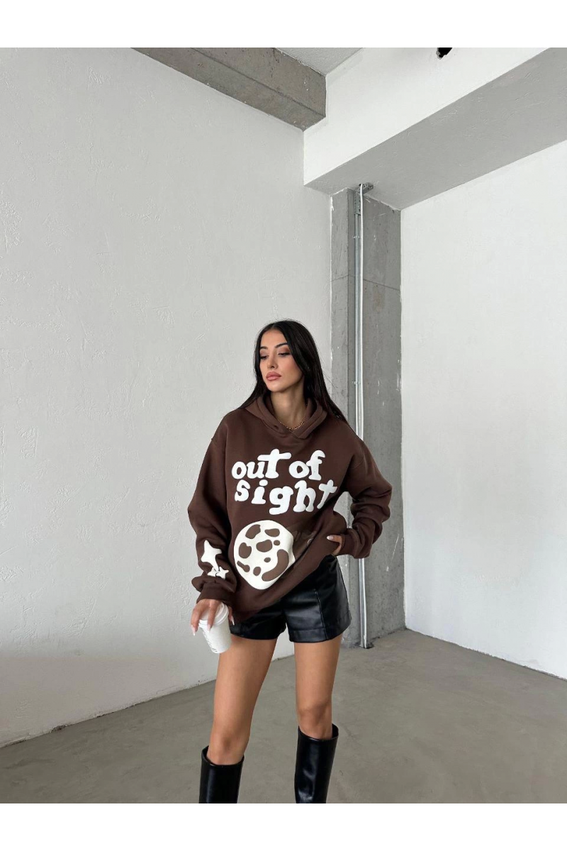 3 iplik şardonlu oversize out of baskılı sweat kahve
