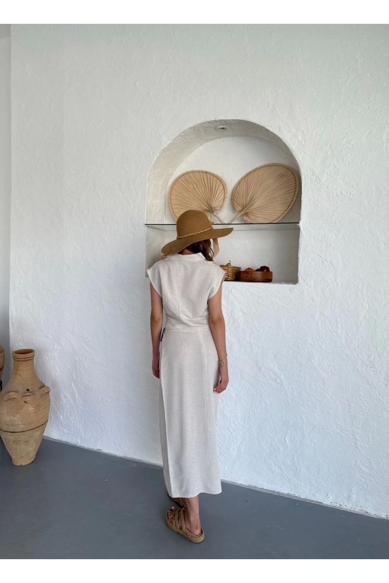 Uzun etekli bluz takım keten krem s255852