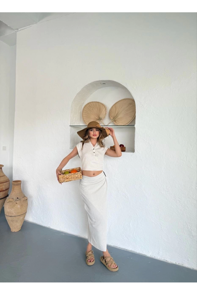 Uzun etekli bluz takım keten krem s255852