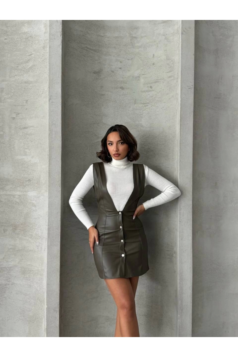 Deri jile elbise haki w24796