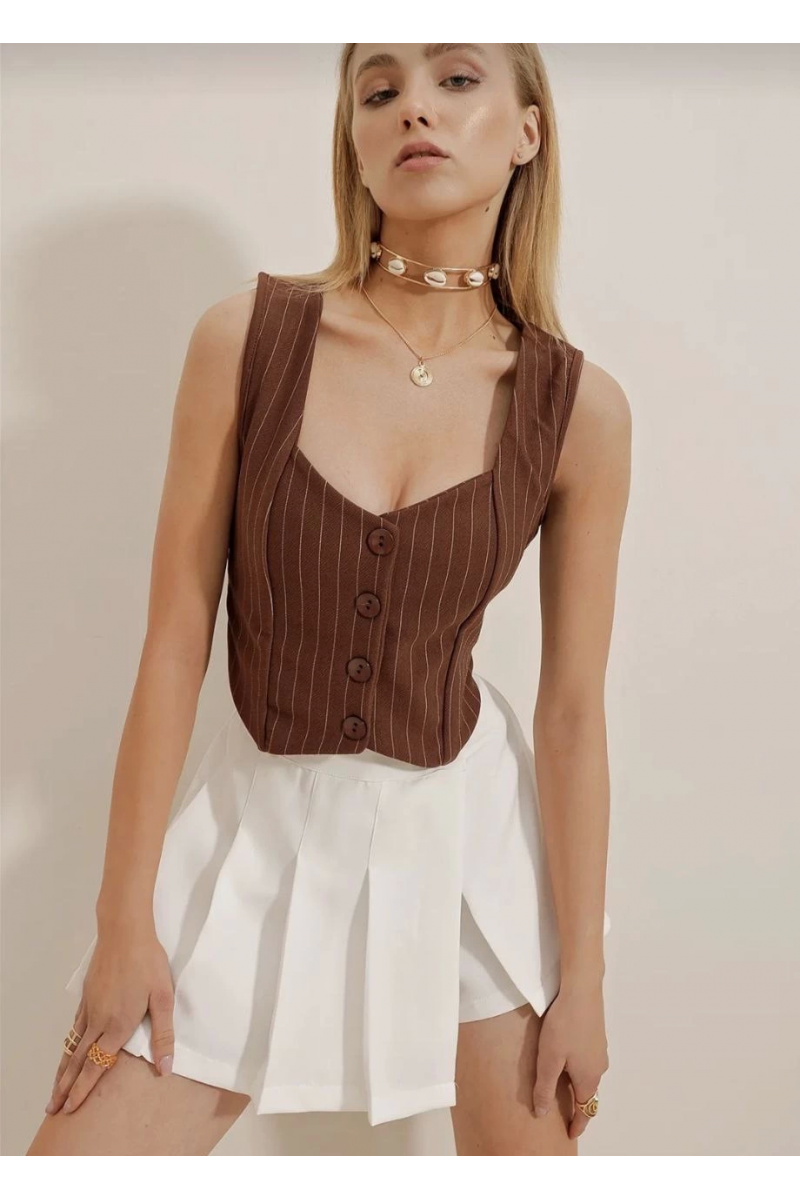 Çizgili krep düğmeli yelek kahve s3395
