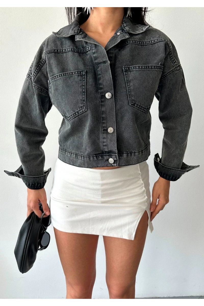 Çift cepli kol katlamalı süper taş enzim yıkama crop kot ceket füme d2000