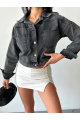 Çift cepli kol katlamalı süper taş enzim yıkama crop kot ceket füme d2000