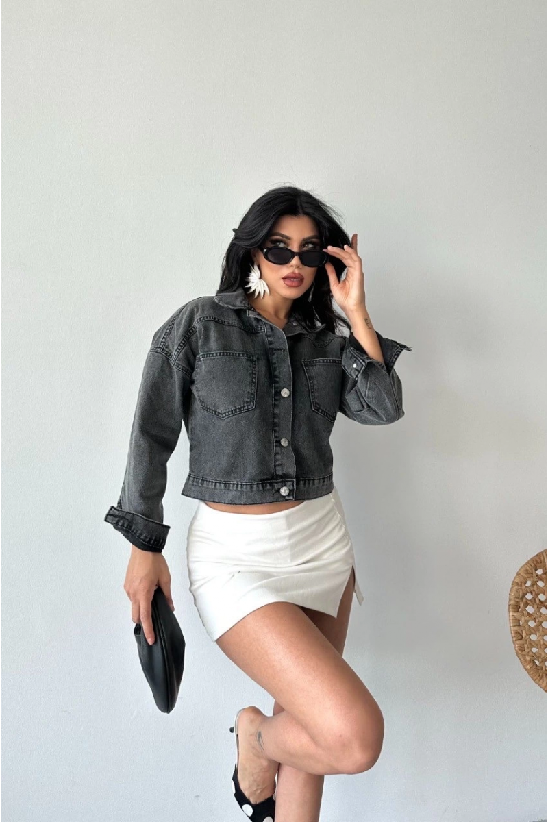 Çift cepli kol katlamalı süper taş enzim yıkama crop kot ceket füme d2000