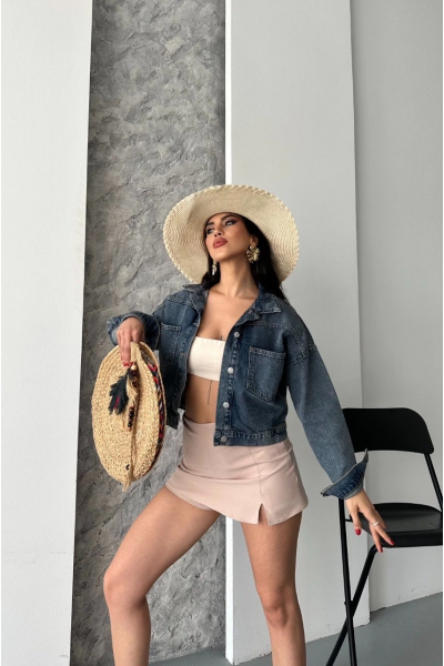 Çift cepli kol katlamalı kar yıkama crop kot ceket kahve tint d2000