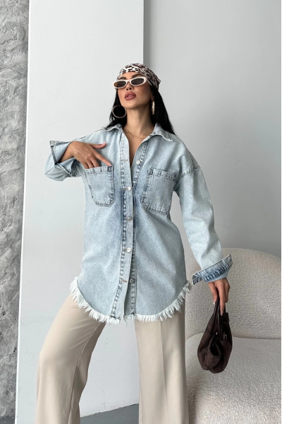 Cepli püsküllü kar yıkama kot ceket mavi d2515