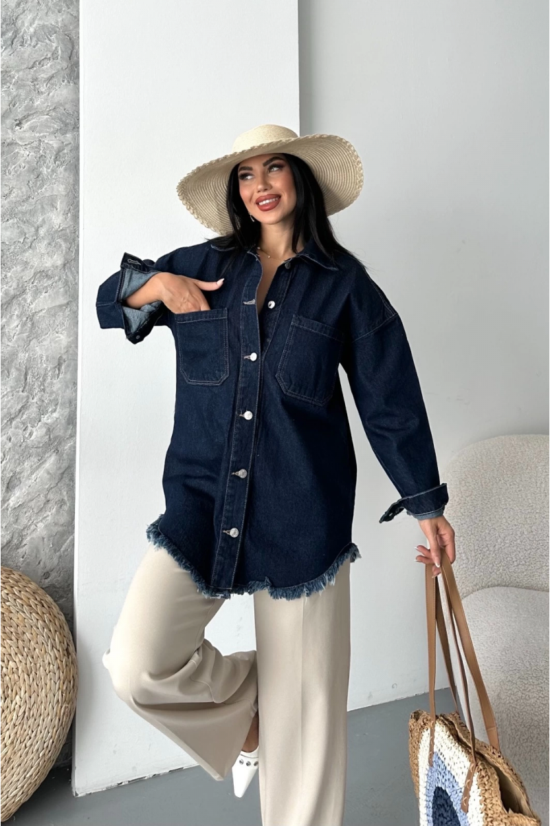 Cepli püsküllü kar yıkama kot ceket koyu mavi d2515