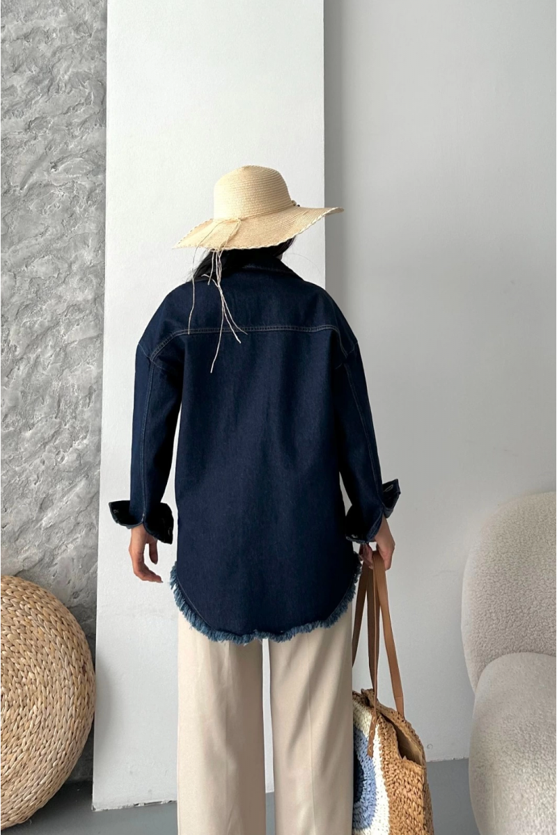 Cepli püsküllü kar yıkama kot ceket koyu mavi d2515