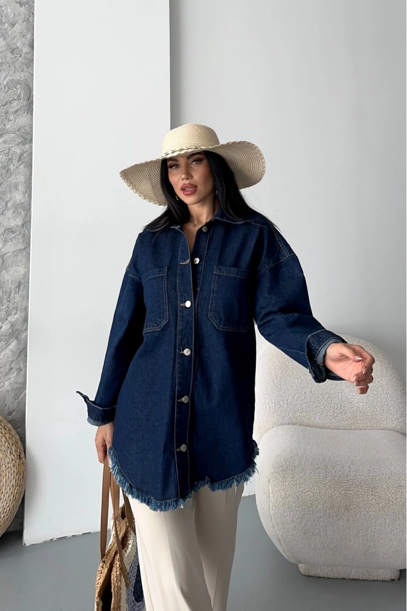 Cepli püsküllü kar yıkama kot ceket koyu mavi d2515