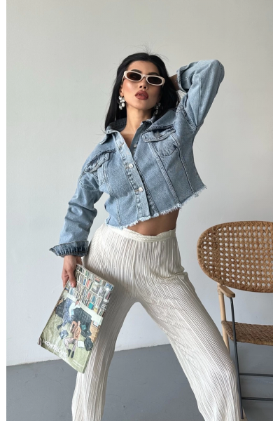 Çift kapaklı püsküllü crop buz mavi d2002