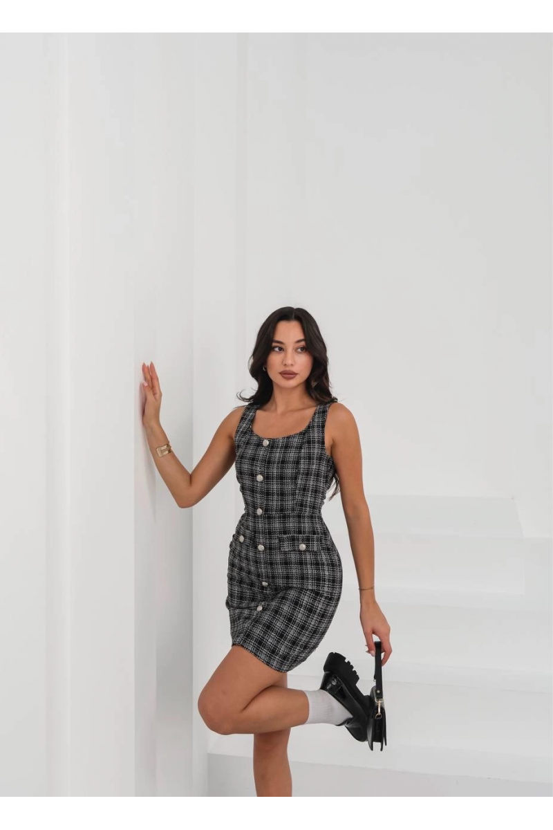 Askılı ch kumaş düğmeli elbise siyahbeyaz h265007