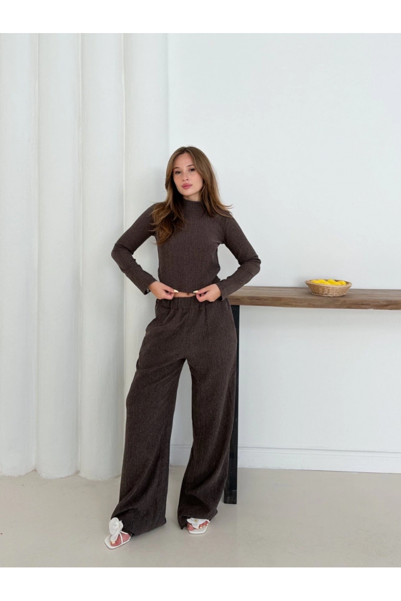 Balıkçı yaka örme takım kahve st265865