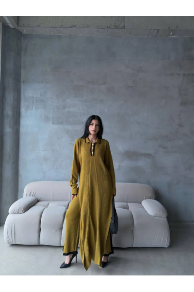 Pantolon yırtmaçlı elbise ikili triko takım yeşil elf