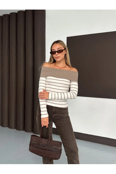 Çizgili madonna yaka kaşkorse bluz bej a844 Çizgili madonna yaka kaşkorse bluz bej a844
