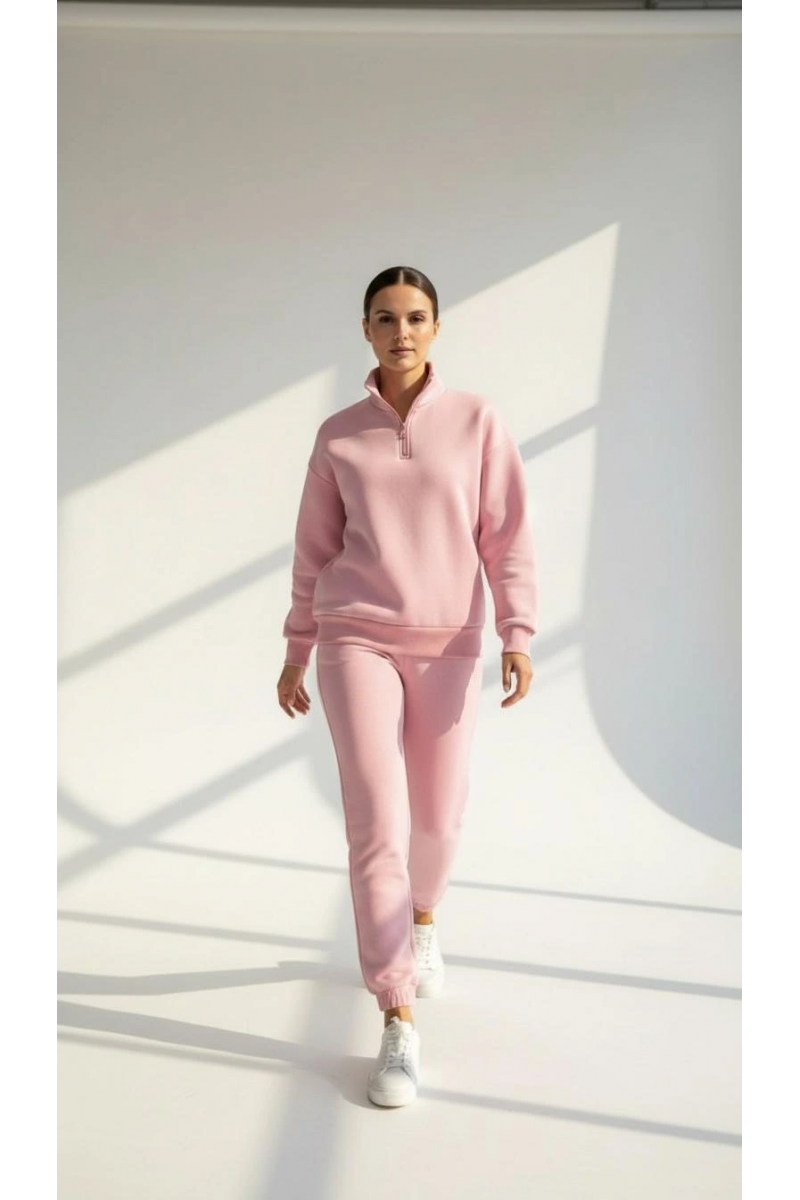 3 iplik Şardonlu yarım fermuarlı sweatshirt somon