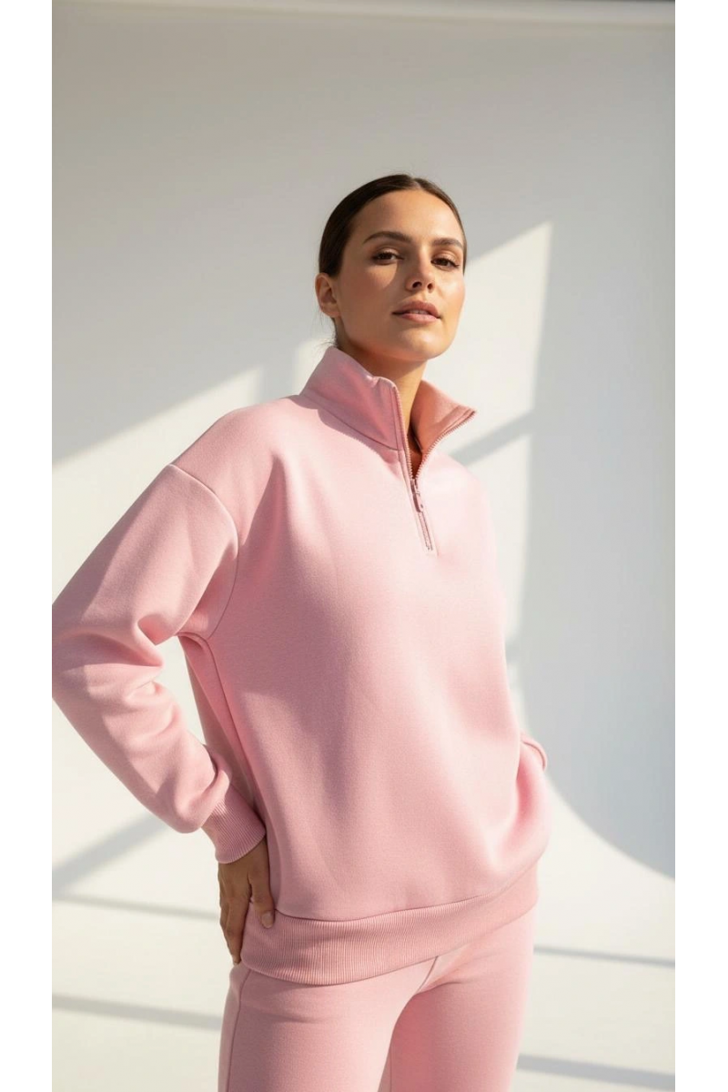 3 iplik Şardonlu yarım fermuarlı sweatshirt somon