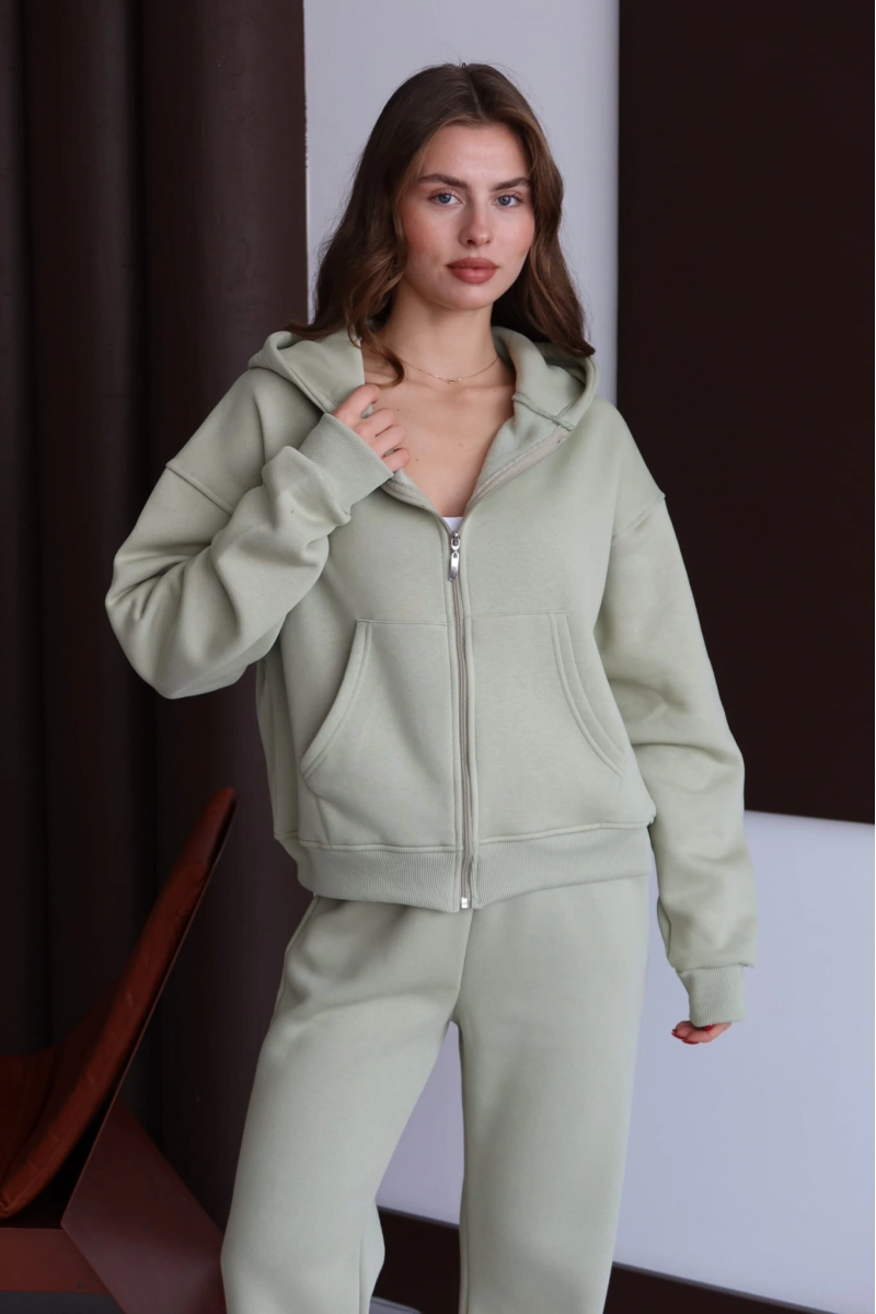 3 iplik şardonlu kapşonlu hoodie frm mint p510437