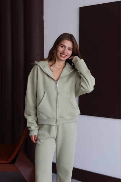 3 iplik şardonlu kapşonlu hoodie frm mint p510437