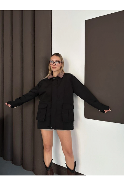 Astarlı yaka detaylı artos ceket siyah st2651019