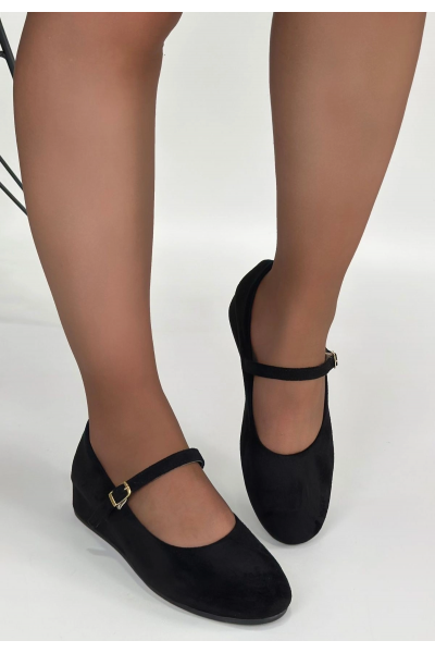 Lossa Siyah Süet Kemerli Babet Ayakkabı