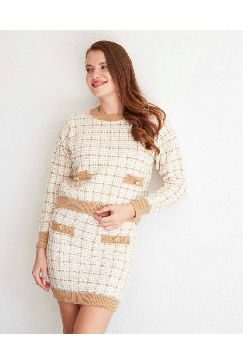 Düğme Detay Uzun Kollu Camel Triko Takım