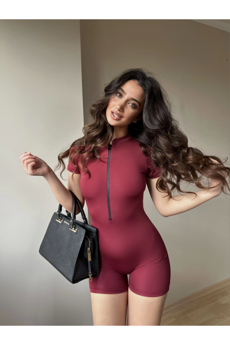 Bordo Fermuarlı Şort Tulum Bordo Fermuarlı Şort Tulum