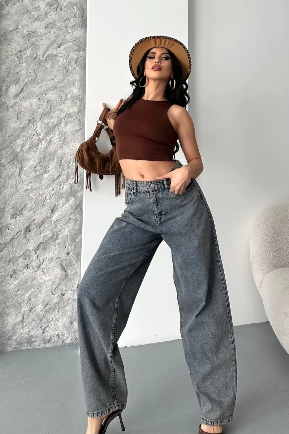Baggy kar yıkama eskitme kahve jeans pantolon d2007 — görsel 2 · 0O024MJIQ7