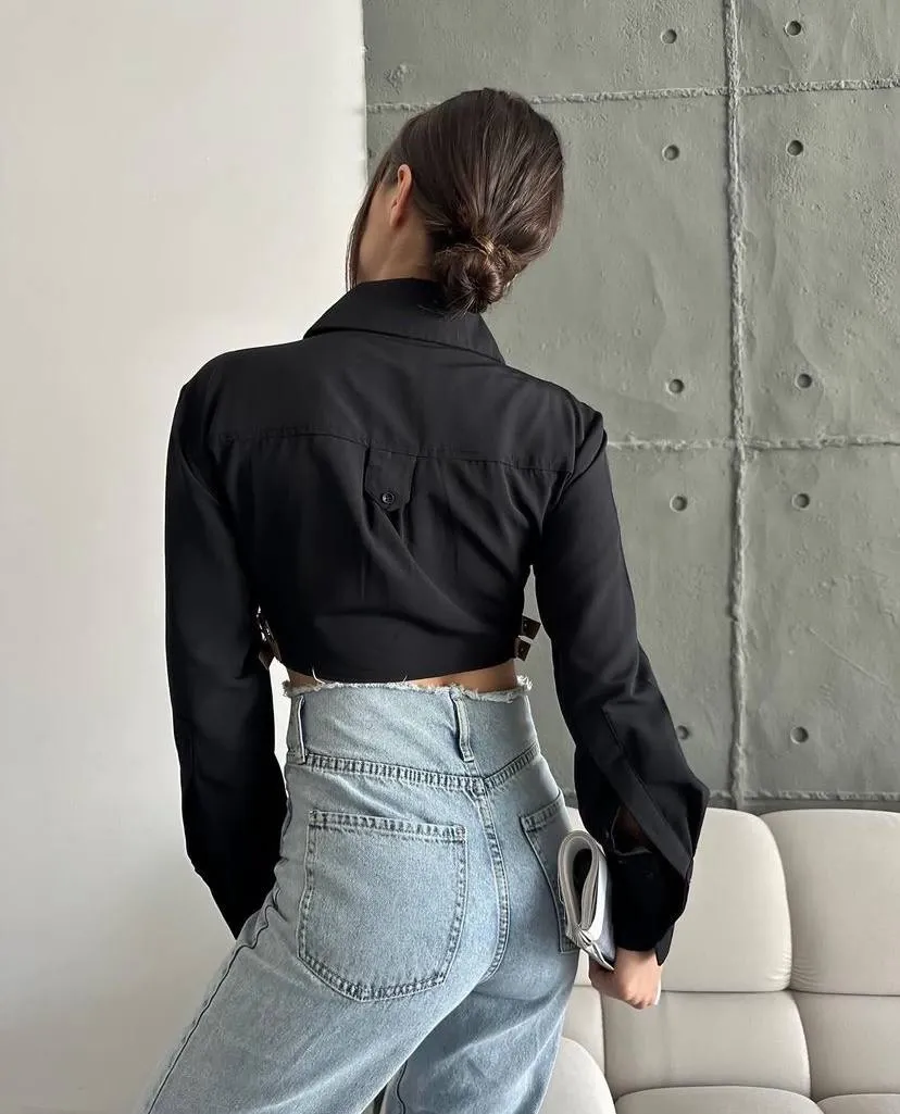 Yanı kemer detaylı crop gömlek siyah s4009 — görsel 4 · CLHP3TUHKP