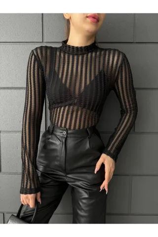 Siyah Tül Detay Transparan Bluz — görsel 2