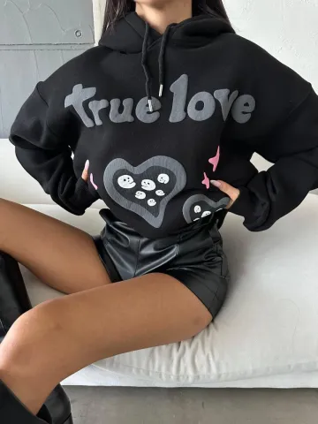 3 iplik şardonlu oversize true baskılı sweat siyah — görsel 2