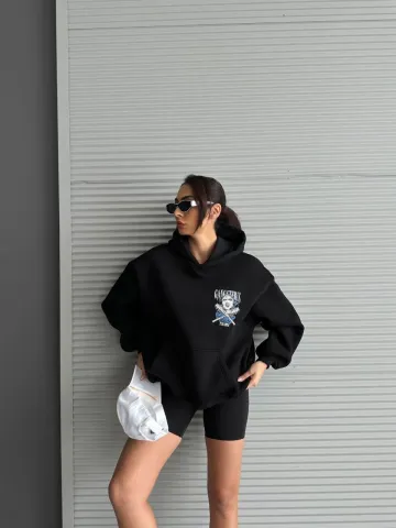 3 iplik şardonlu oversize kafa baskılı sweat siyah — görsel 2
