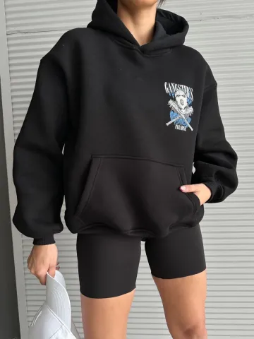 3 iplik şardonlu oversize kafa baskılı sweat siyah — görsel 1
