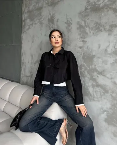 Çift renkli kısa gömlek siyahbeyaz s4021 — görsel 2
