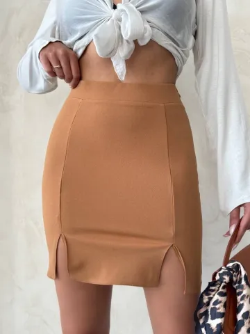 Çift yırtmaçlı etek camel s25910 — görsel 1