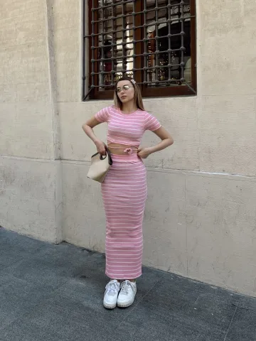 Çizgili etekli takım pembe s3609 — görsel 1