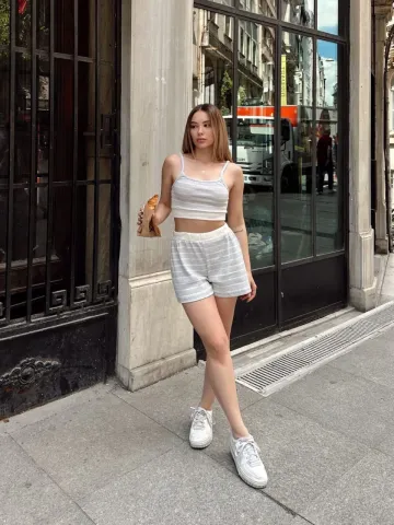 Çizgili şortlu takım gri s3978 — görsel 2