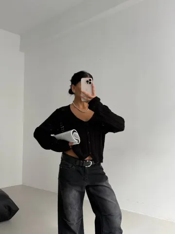 Küçük düğmeli küçük örgülü triko hırka siyah — görsel 2