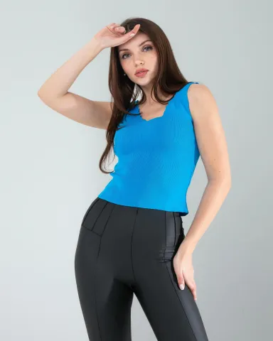 Mavi Merdiven Yaka Kalın Askı Crop Bluz — görsel 2
