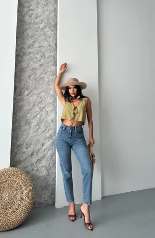 Mom fit bıyık kar yıkama jeans pantolon koyu mavi d2006 — görsel 1
