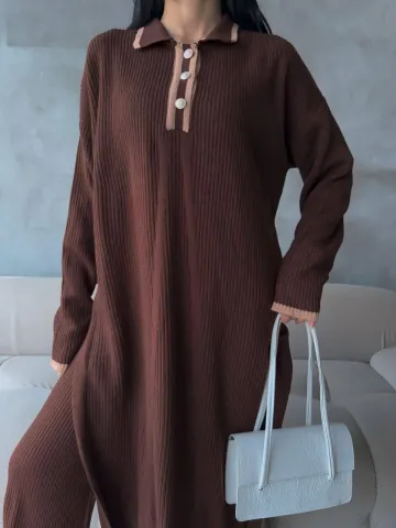 Pantolon yırtmaçlı elbise ikili triko takım kahve elf — görsel 2