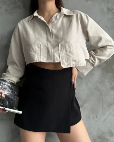 Poplin crop gömlek bej s3060 — görsel 3
