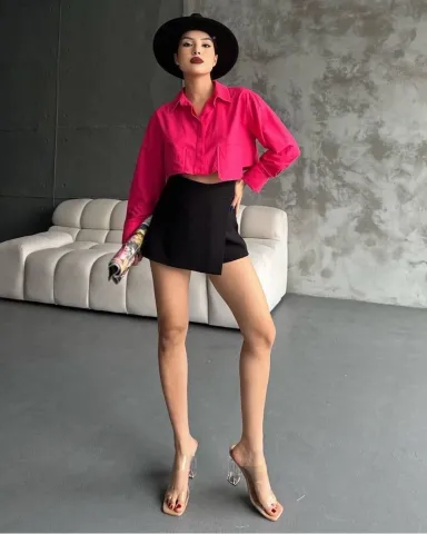 Poplin crop gömlek fuşya s3060 — görsel 1