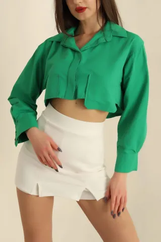 Poplin crop gömlek yeşil s3060 — görsel 3