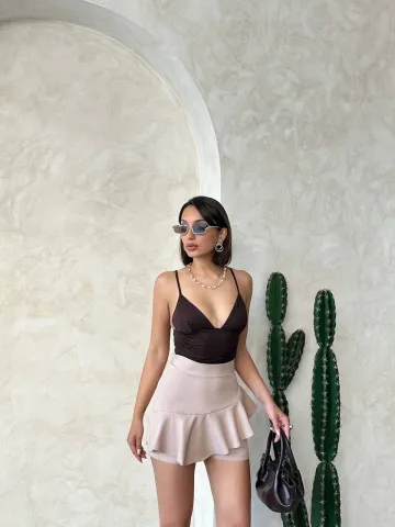 Valonlu fırfırlı şort bej s24683 — görsel 2